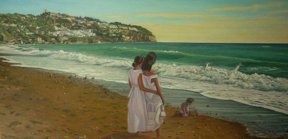pareja de chicas mirando al niño en playa de la Herradura - antonio gonzalez