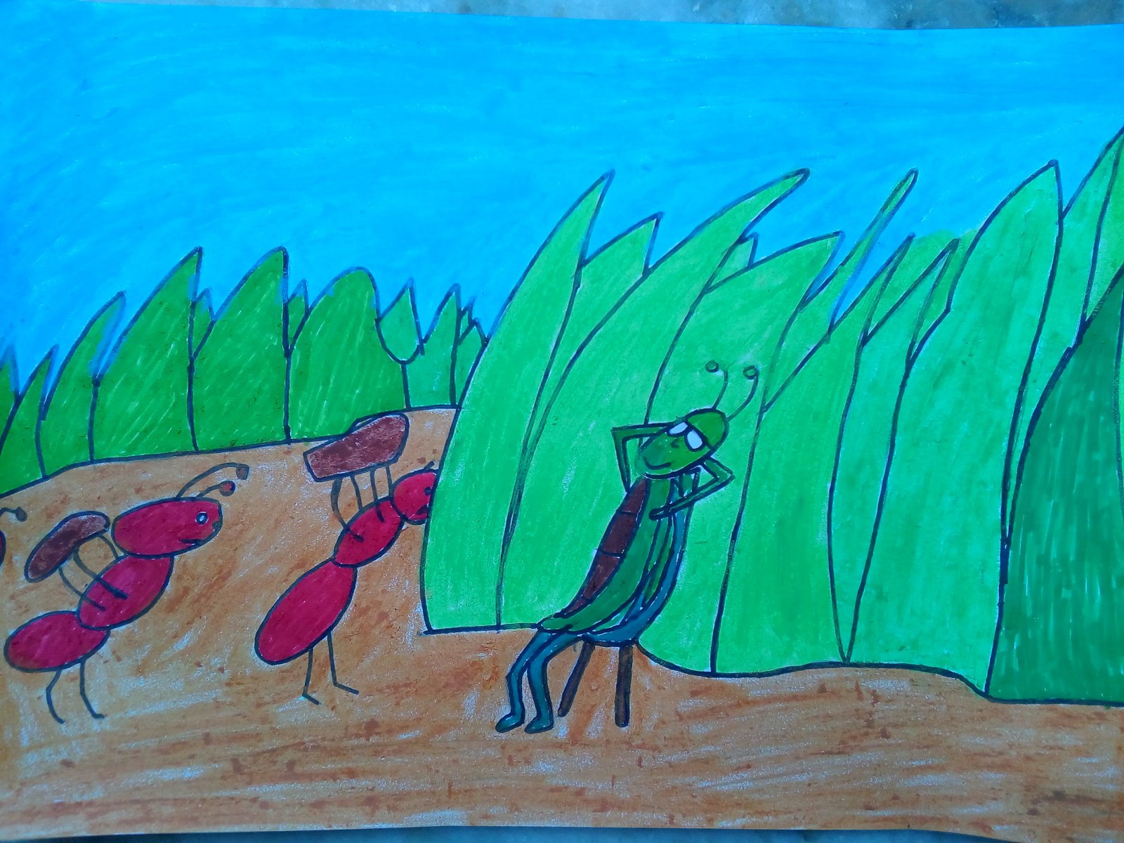 THE STORY OF ANT AND THE GRASSHOPPER ( the painting is based on the ant and the grasshopper. The moral of the story is work hard and you will get reward in the future). - JOHN ( JOHN ART Gallery 2019).