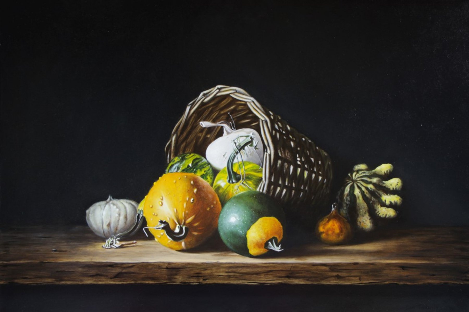Still life lying basket with pumpkins - Jan Teunissen