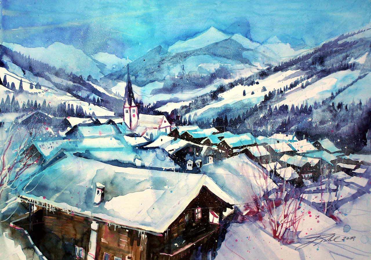 Tirol, Alpbach im Winter, Aquarell - Johann Pickl