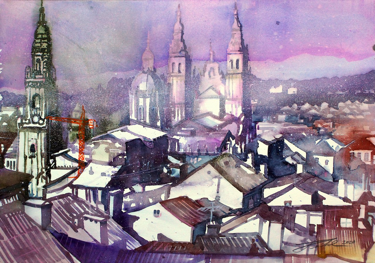 Spanien, Galizien, Santiago de Compostela, Aquarell - Johann Pickl