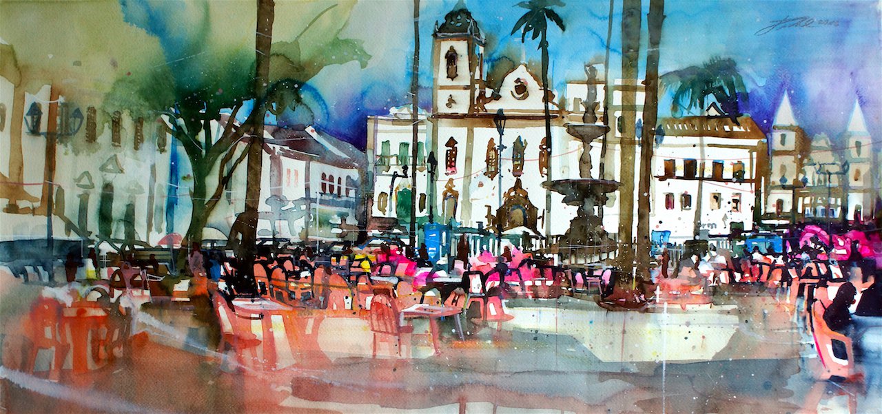 Johann Pickl - Brasilien, Salvador Bahia, Largo Terreiro de Jesus, Aquarell