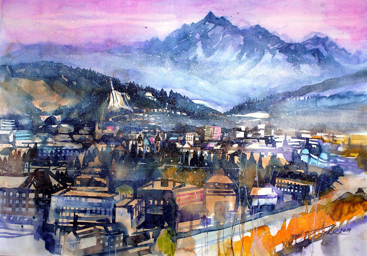 Johann Pickl - Tirol, Innsbruck, Panorama mit Bergisel, Aquarell