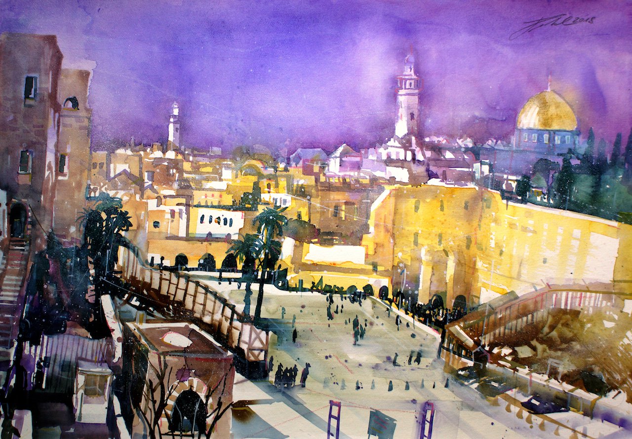 Israel, Jerusalem, Felsendom mit Klagemauer, Aquarell - Johann Pickl