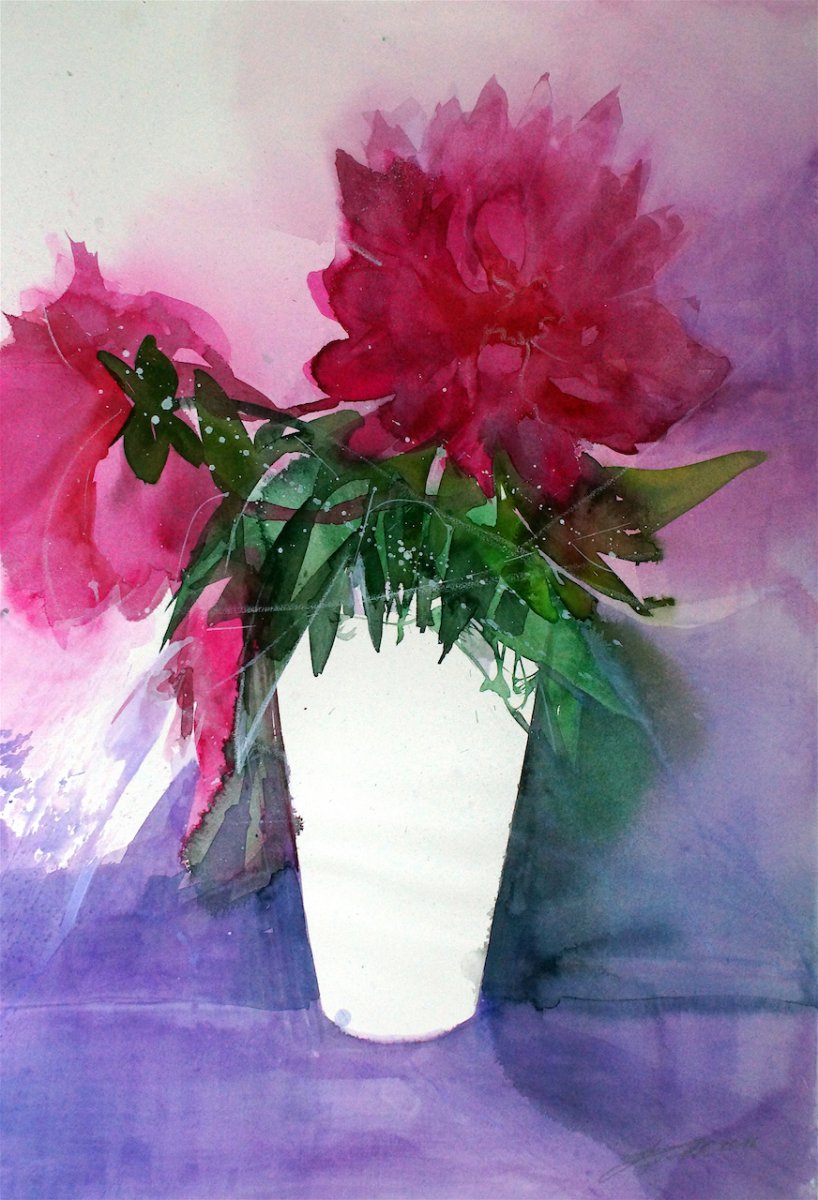 Pfingstrosen in Vase, Aquarell - Johann Pickl