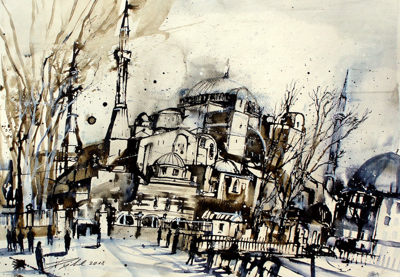 Türkei, Istanbul, Hagia Sophia Moschee, Rohrfederzeichnung Lavierung - Johann Pickl