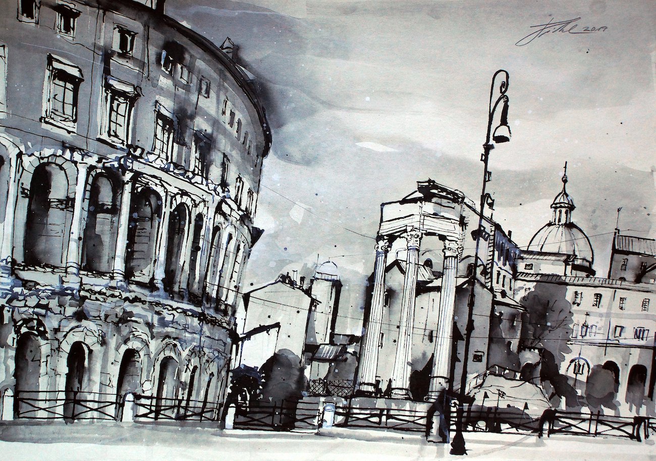 Rom, Theater von Marcellus, Rohrfederzeichnung Lavierung - Johann Pickl