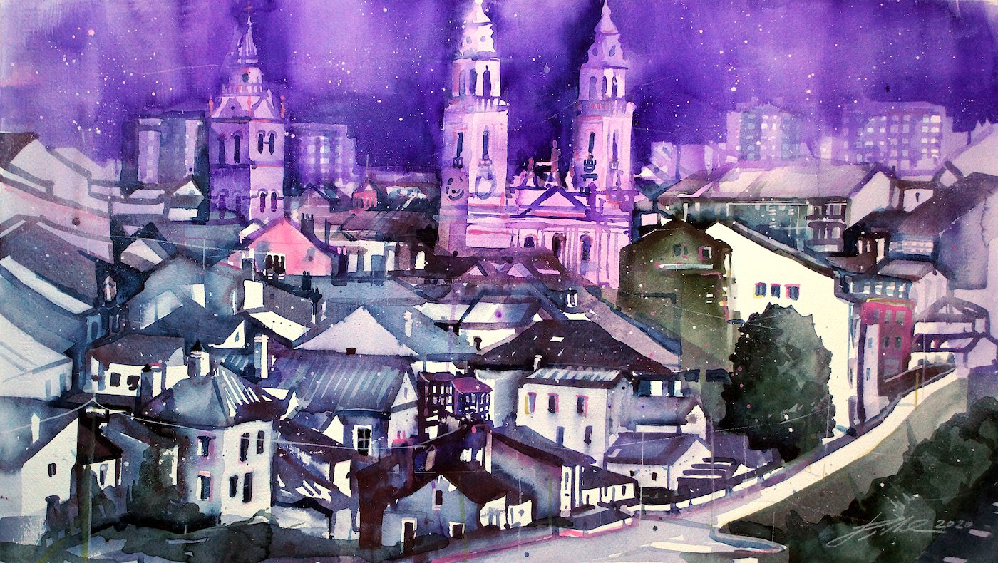 Spanien, Galizien, Altstadt von Lugo bei Nacht, Aquarell - Johann Pickl