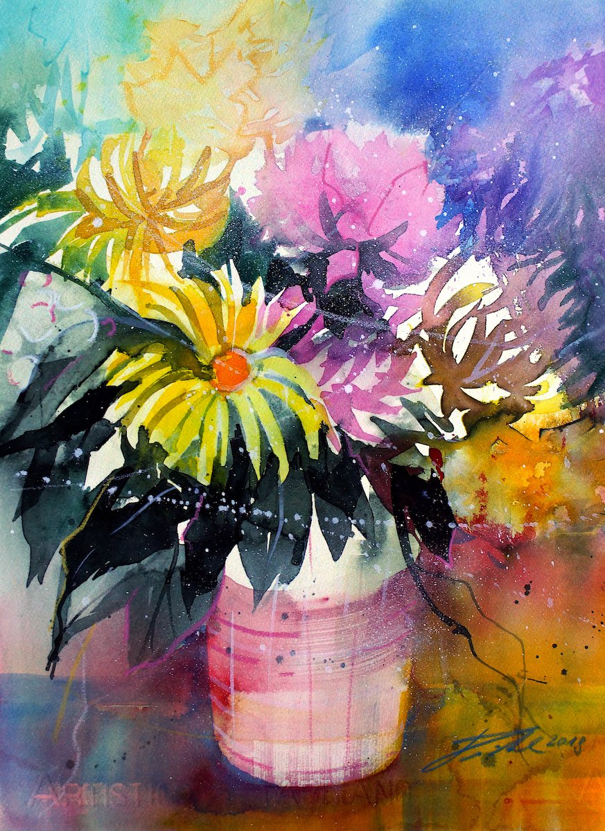Kleiner Strauß mit Dahlien, Aquarell - Johann Pickl