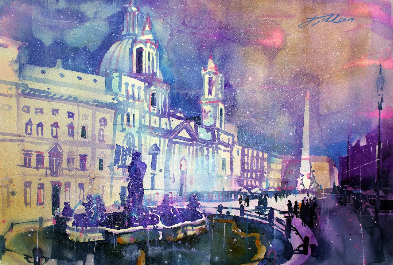 Rom, Piazza Navona, Aquarell - Johann Pickl