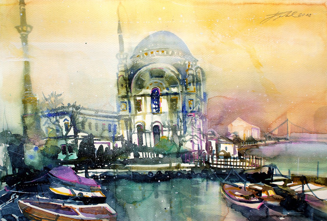 Türkei, Istanbul, Dolmabahçe Moschee am Bosporus, Aquarell - Johann Pickl