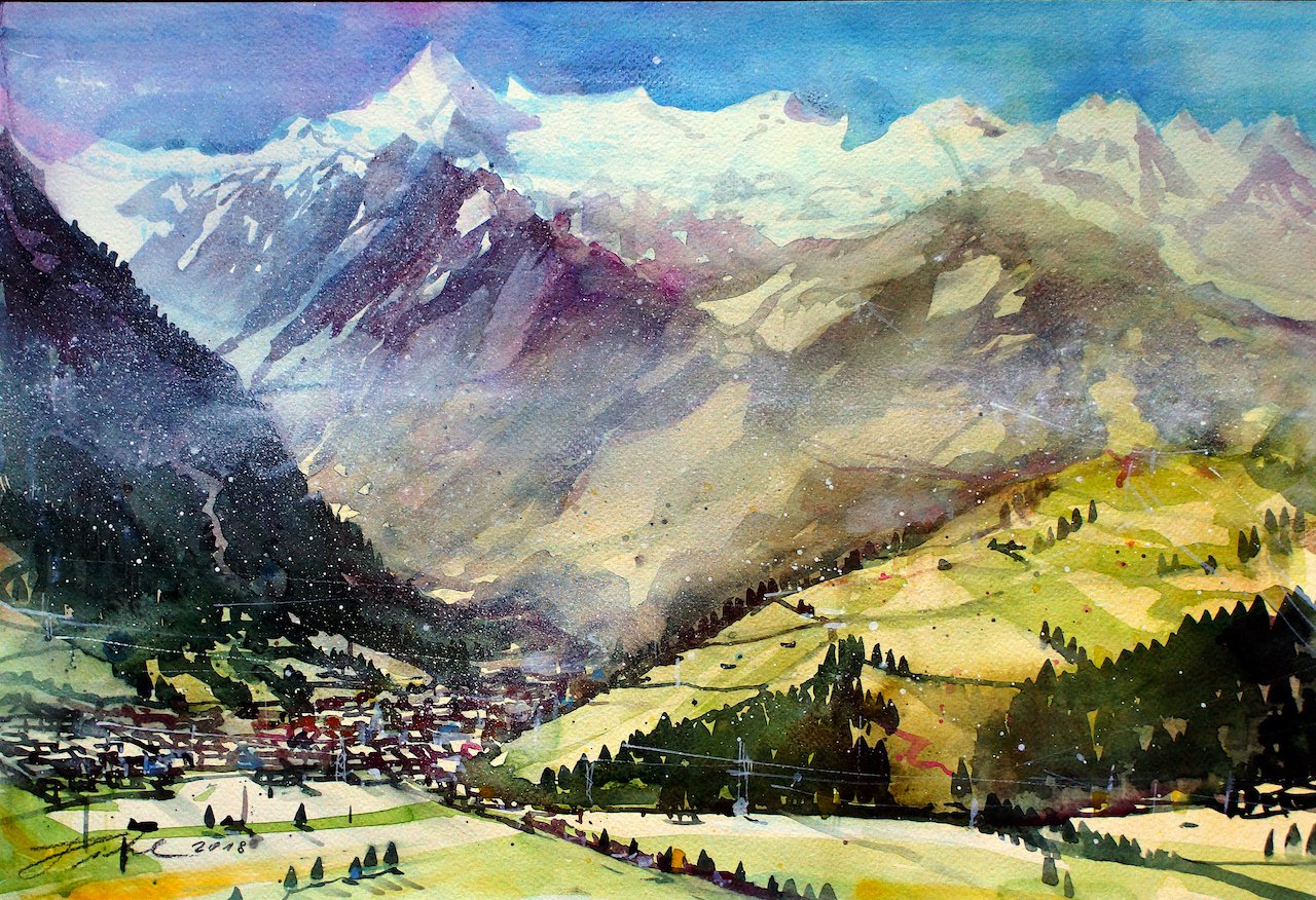 Johann Pickl - Salzburger Pinzgau, Kaprun mit Kitzsteinhorn im Herbst, Aquarell