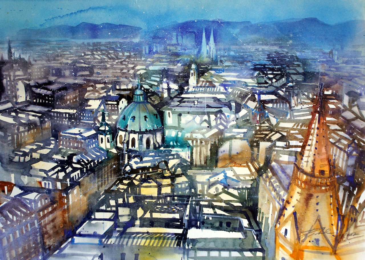 Wien, Dachlandschaft mit Blick zur Peterskirche, Aquarell - Johann Pickl